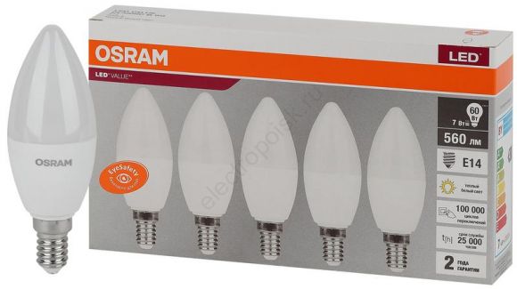 Лампа светодиодная LED 7 Вт E14 3000К 560Лм свеча 220 В (замена 60Вт) OSRAM (4058075577923)
