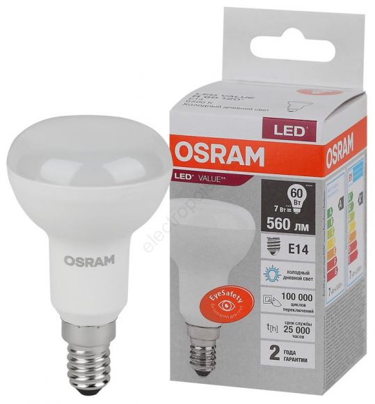 Лампа светодиодная LED 7 Вт E14 6500К 560Лм гриб 220 В (замена 60Вт) OSRAM (4058075581753)