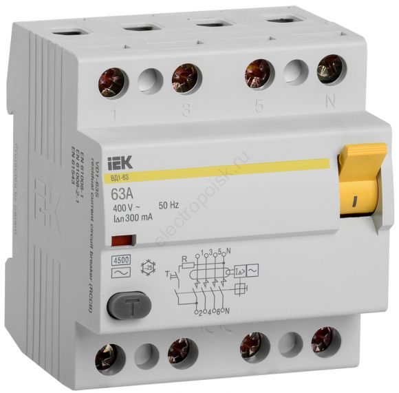 Выключатель дифференциального тока (УЗО) 4п 63А 300мА ВД1-63 АС(Электромеханическое)
