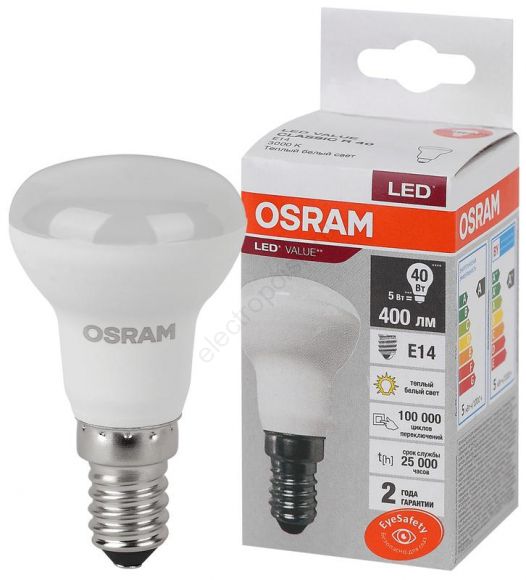 Лампа светодиодная LED 5 Вт E14 3000К 400Лм гриб 220 В (замена 40Вт) OSRAM (4058075582514)