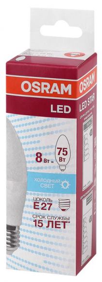 Лампа светодиодная LED 8Вт E27 CLB75 белый, матов.свеча OSRAM (4058075210776)