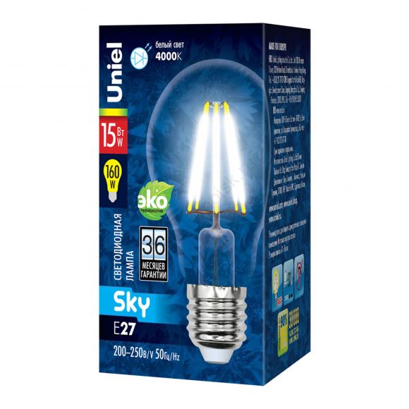 LED-A70-15W/4000K/E27/CL PLS02WH Лампа светодиодная. Форма ''A'', прозрачная. Серия Sky. Белый свет (4000K). Картон. ТМ Uniel.'' (UL-00004869)