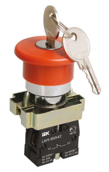 Кнопка красная с ключом LAY5-BS142 Гриб 22мм 240В