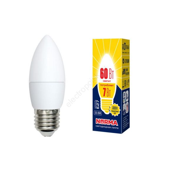 Лампа светодиодная LED-C37-7W/WW/E27/FR/NR Форма свеча, матовая. Серия Norma. Теплый белый свет (3000K). Картон. ТМ Volpe (UL-00003799)