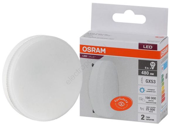 Лампа светодиодная LED 6 Вт GX53 6500К 480Лм таблетка 220 В (замена 50Вт) OSRAM (4058075582033)