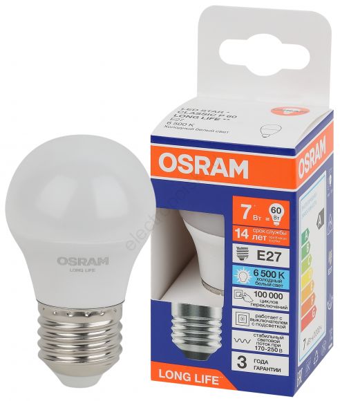 Лампа светодиодная LED 7Вт Е27 6500К 600Лм шар 220В (замена 60Вт) OSRAM (4099854186578)