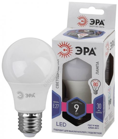 Лампа светодиодная стандарт LED A60-9W-860-E27 ЭРА (диод, груша, 9Вт, хол, E27)