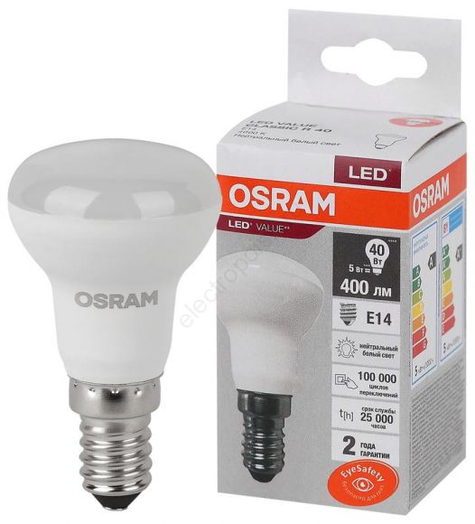 Лампа светодиодная LED 5 Вт E14 4000К 400Лм гриб 220 В (замена 40Вт) OSRAM (4058075582576)