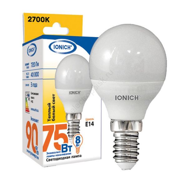 Лампа светодиодная LED 8w 2700К, E14, 720Лм, шар   IONICH (1642)