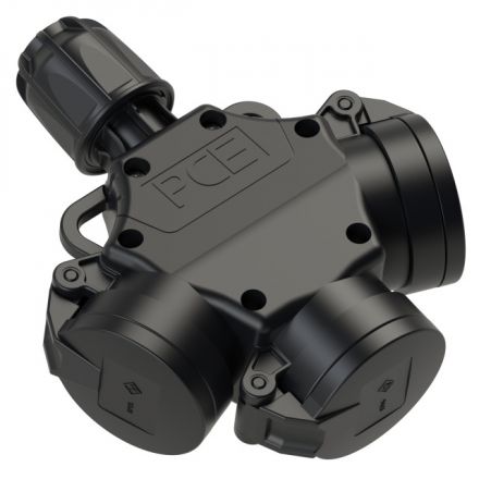 Тройник из твердой резины 16A/250V/2P+E/IP44 с    подпружиненными крышками и индикацией