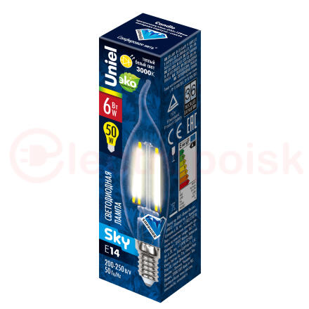 Лампа светодиодная LED 6вт 200-250В свеча на ветру прозрачное 500Лм Е14 3000К Uniel Sky филамент
