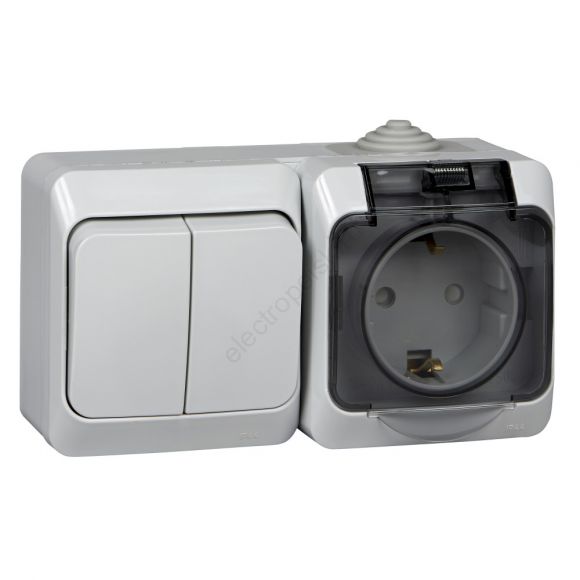 ЭТЮД Блок Выключатель двухклавишный/Розетка наружная с заземлением со шторками IP44 серый BPA16-242C