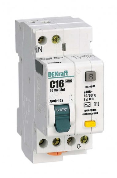 Выключатель автоматический дифференциальный (АВДТ) 1п+N 16А 30мА тип AC С 4.5кА ДИФ-102