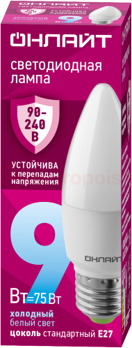 Лампа светодиодная 9вт OLL-C37-9-230-6.5K-E27-FR PRO 90-240В ОНЛАЙТ Лампа светодиодная 9вт OLL-C37-9-230-6.5K-E27-FR PRO 90-240В ОНЛАЙТ