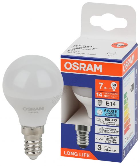 Лампа светодиодная LED 7Вт Е14 6500К 600Лм шар 220В (замена 60Вт) OSRAM (4099854186486)
