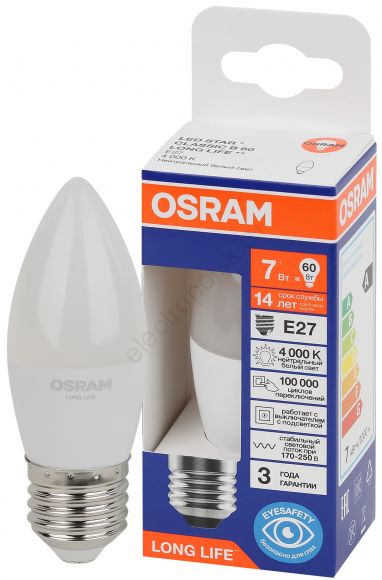 Лампа светодиодная LED 7Вт Е27 4000К 600Лм свеча 220В (замена 60Вт) OSRAM (4099854186363)