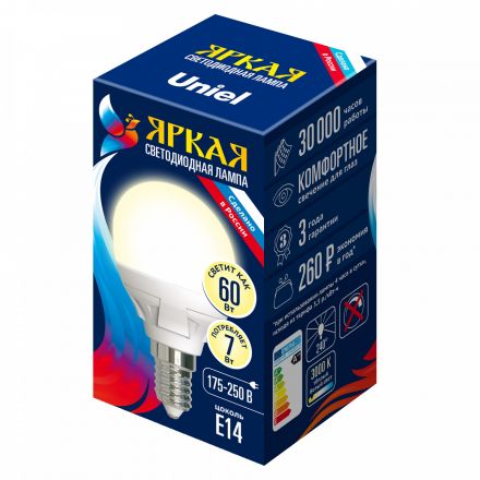 Лампа светодиодная LED 7вт 175-250В шар матовый 600Лм Е14 3000К Uniel ЯРКАЯ