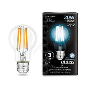 Лампа светодиодная LED 20 Вт 1850 Лм 4100К белая Е27 А60 Filament Gauss (102902220)