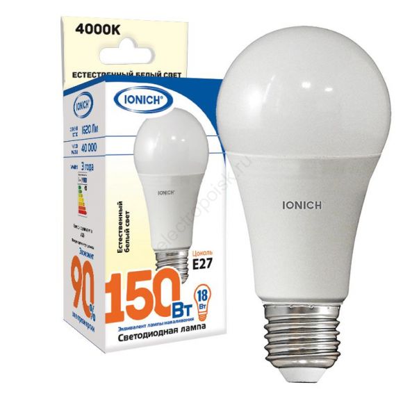 Лампа светодиодная LED 18w 4000К, E27, 1500Лм, A60 IONICH