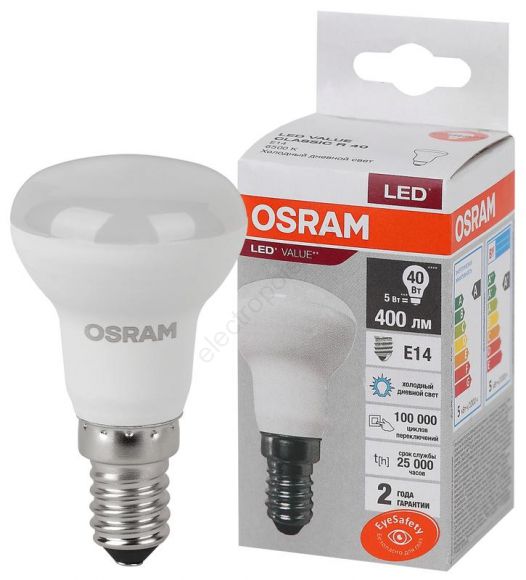Лампа светодиодная LED 5 Вт E14 6500К 400Лм гриб 220 В (замена 40Вт) OSRAM (4058075582606)