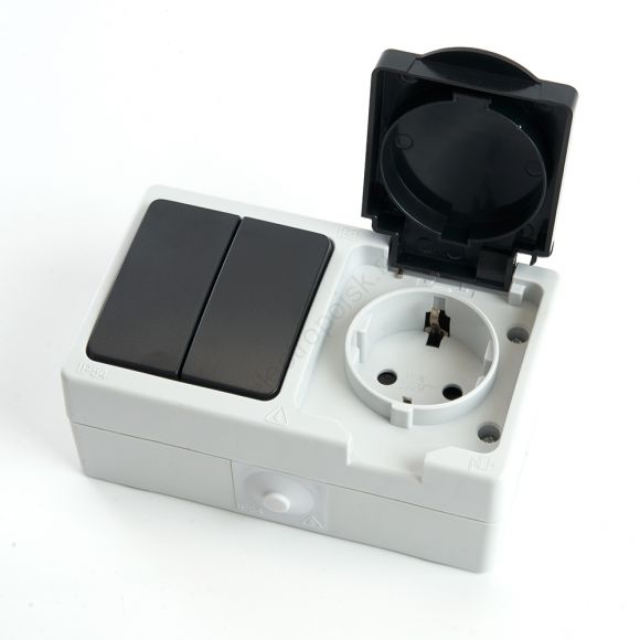 Блок розетка 1-местная с/з + выключатель 2-клавишный, серый/графит, Stekker 32761