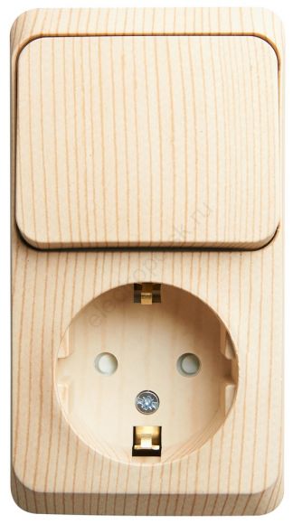 ЭТЮД блок открытой установки Розетка с зеземлением со шторками + Выключатель 1-клавиш., сосна BPA16-201D
