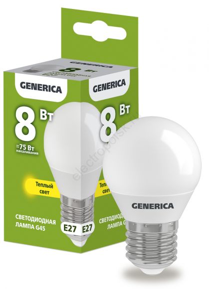 Лампа светодиодная G45 шар 8Вт 230В 3000К E27 GENERICA (LL-G45-08-230-30-E27-G)