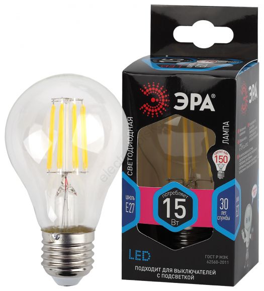 Лампа светодиодная F-LED A60-15W-840-E27 (филамент, груша, 15Вт, тепл, Е27) (10/100/1500)
