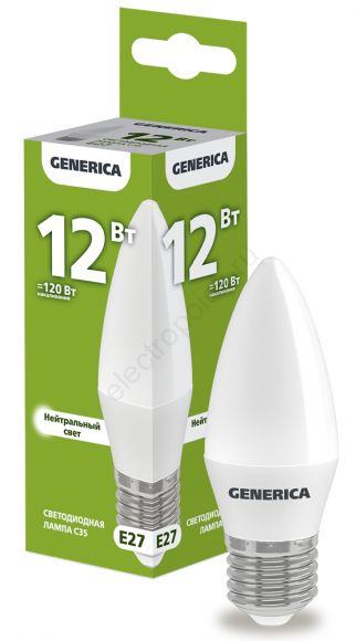 Лампа светодиодная C35 свеча 12Вт 230В 4000К E27 GENERICA (LL-C35-12-230-40-E27-G)