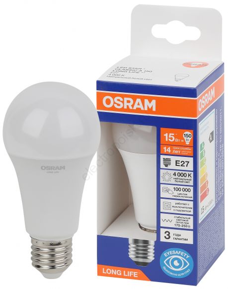 Лампа светодиодная LED 15Вт Е27 4000К 1521Лм груша 220В (замена 150Вт) OSRAM