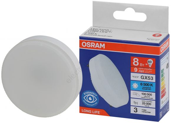 Лампа светодиодная LED 8Вт GX53 6500К 640Лм спот 220В (замена 60Вт) OSRAM (4099854185755)