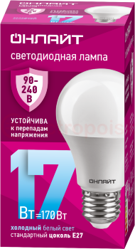 Лампа светодиодная 17вт OLL-A60-17-230-6.5K-E27 PRO 90-240В ОНЛАЙТ Лампа светодиодная 17вт OLL-A60-17-230-6.5K-E27 PRO 90-240В ОНЛАЙТ