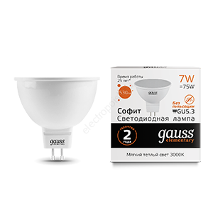 Лампа светодиодная LED 7 Вт 530 Лм 3000К теплая GU5.3 MR16 Elementary Gauss (13517)