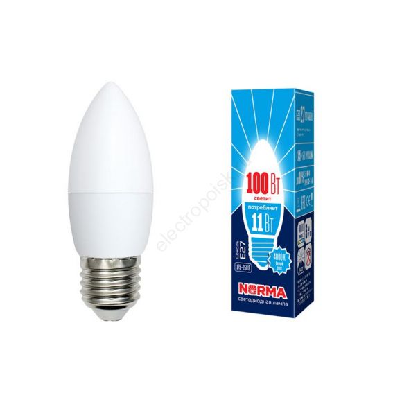 Лампа светодиодная LED-C37-11W/NW/E27/FR/NR Форма свеча, матовая. Серия Norma. Белый свет (4000K). Картон. ТМ Volpe (UL-00003814)