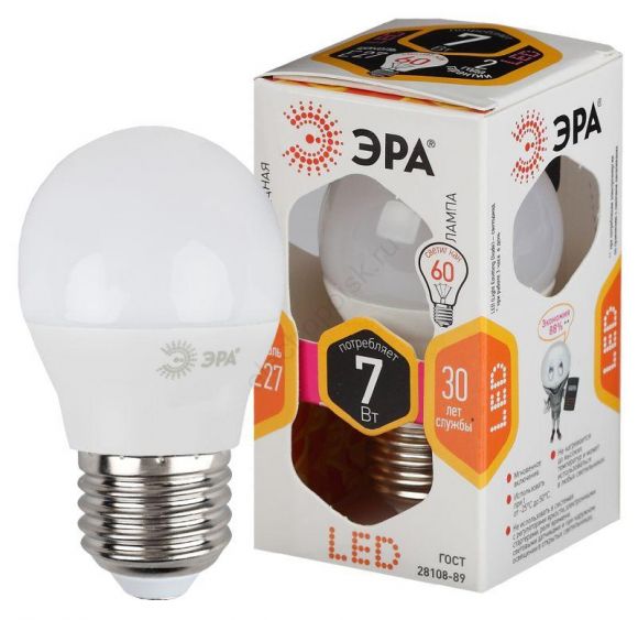 Лампа светодиодная Эра LED P45-7W-827-E27 (диод, шар, 7Вт, тепл, E27) (Б0020550)