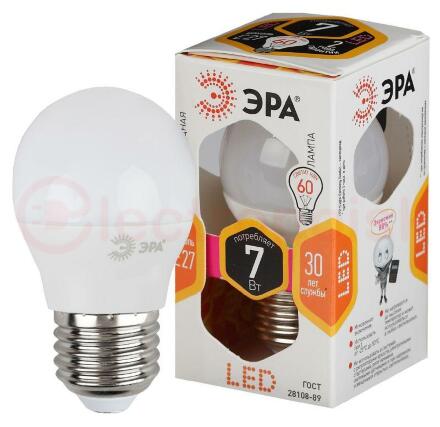Лампа светодиодная Эра LED P45-7W-827-E27 (диод, шар, 7Вт, тепл, E27) Лампа светодиодная Эра LED P45-7W-827-E27 (диод, шар, 7Вт, тепл, E27)