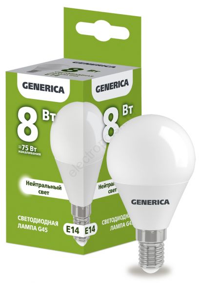 Лампа светодиодная G45 шар 8Вт 230В 4000К E14 GENERICA (LL-G45-08-230-40-E14-G)