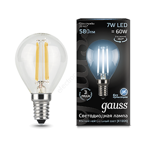 Лампа светодиодная LED 7 Вт 580 Лм 4100К белая Е14 Шар Filament Gauss (105801207)