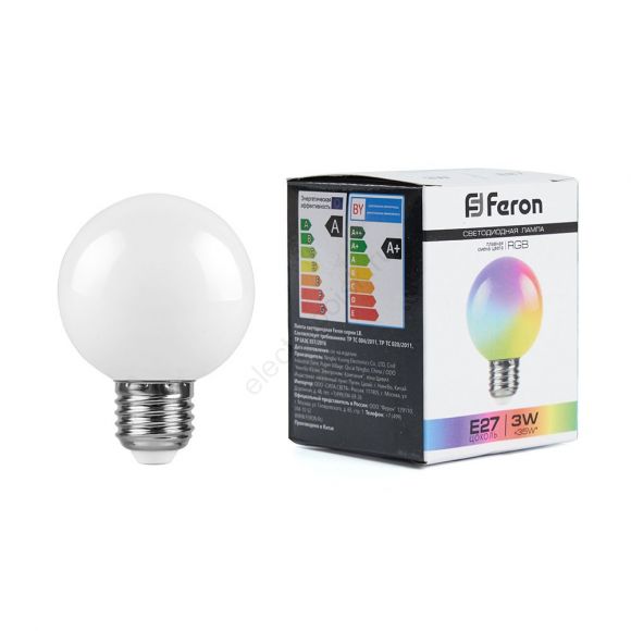 Лампа светодиодная LED 3вт Е27 RGB плавная смена цвета шар G60 (38115)